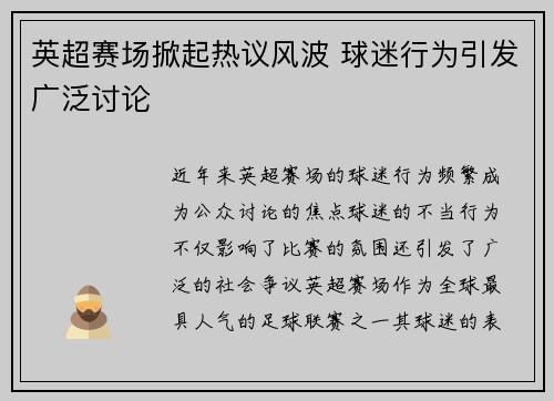 英超赛场掀起热议风波 球迷行为引发广泛讨论